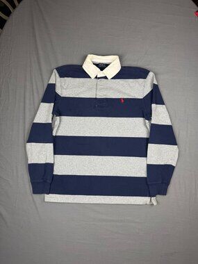 Polo Ralph Lauren Mens Medium Grey/Navy Stripe Classic Fit Rugby Polo Shirt Pony
